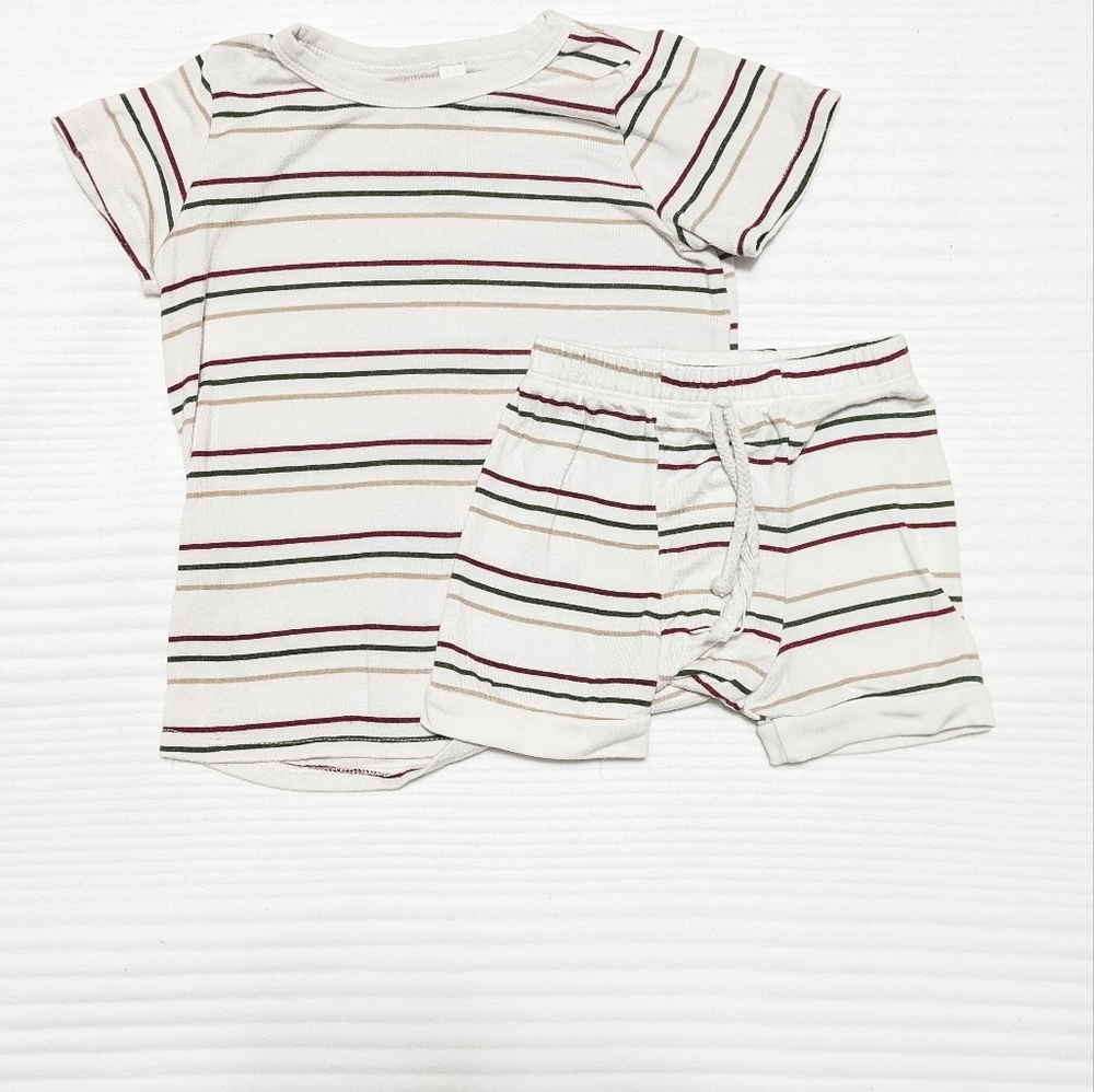 Kids Short Sleeve Striped Tee & Shorts Set - White with Red & Green Stripes